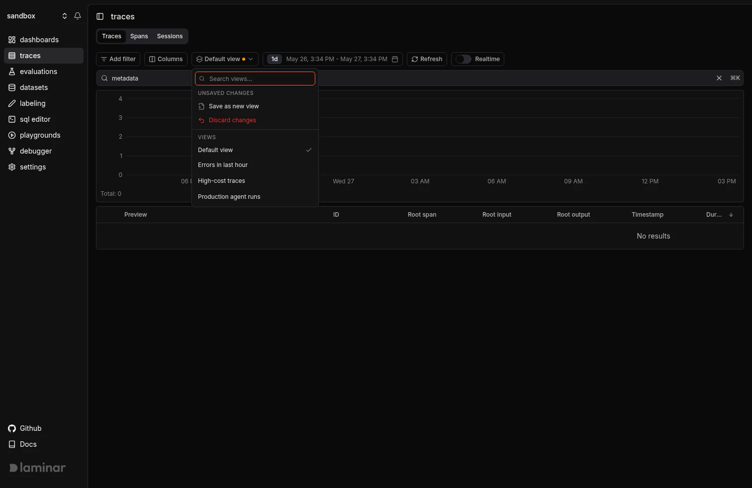 Unsaved changes section in the views dropdown