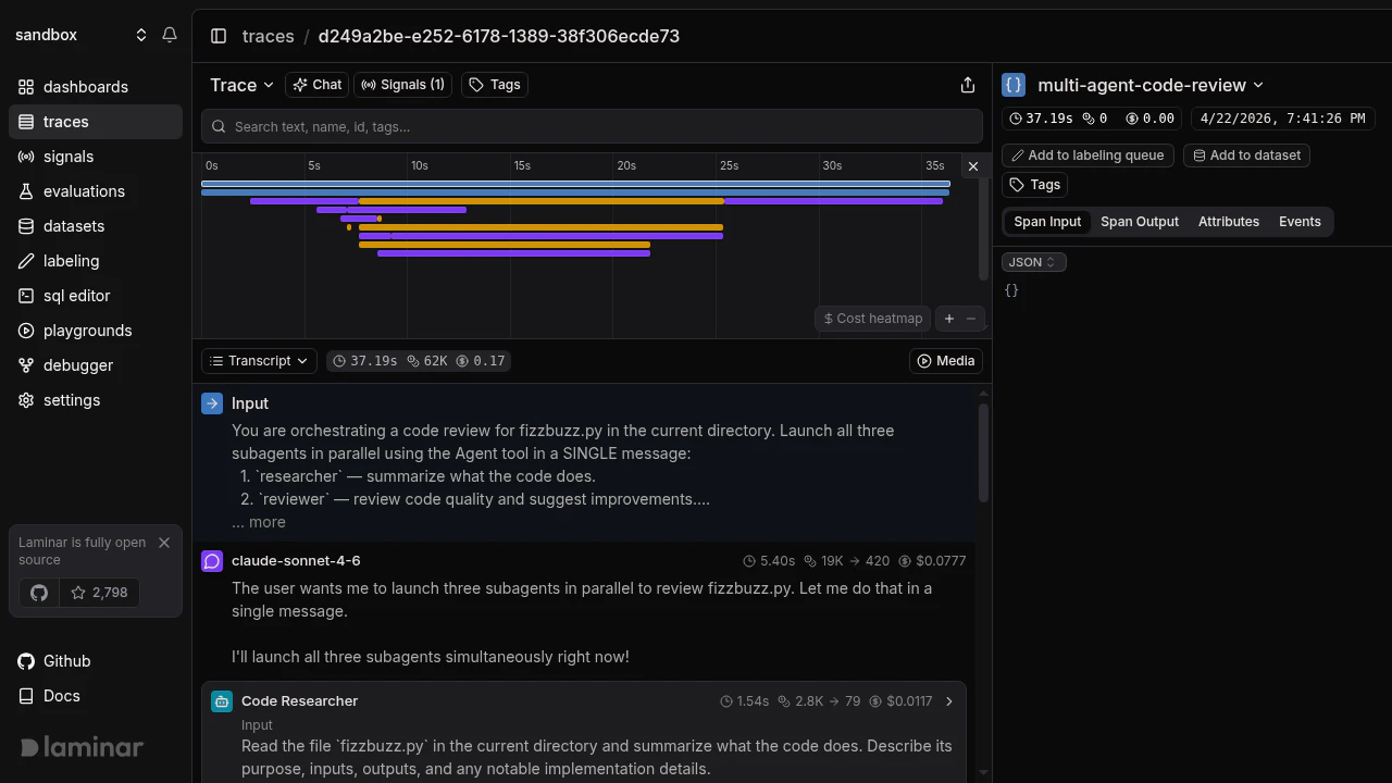 Claude Agent SDK multi-agent trace in Laminar