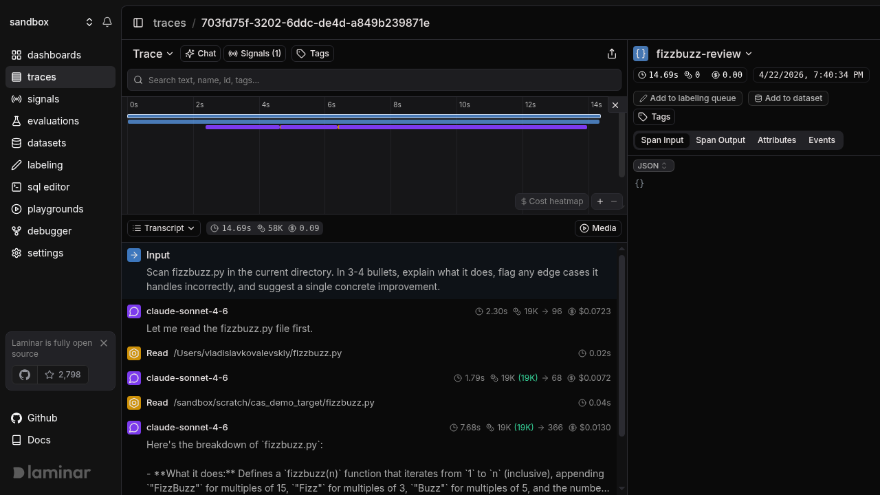 Claude Agent SDK trace in Laminar, transcript view