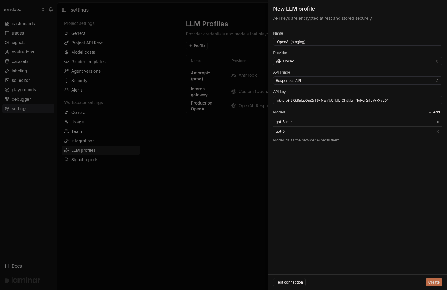 New LLM profile side sheet with name, provider, API key, and model list fields