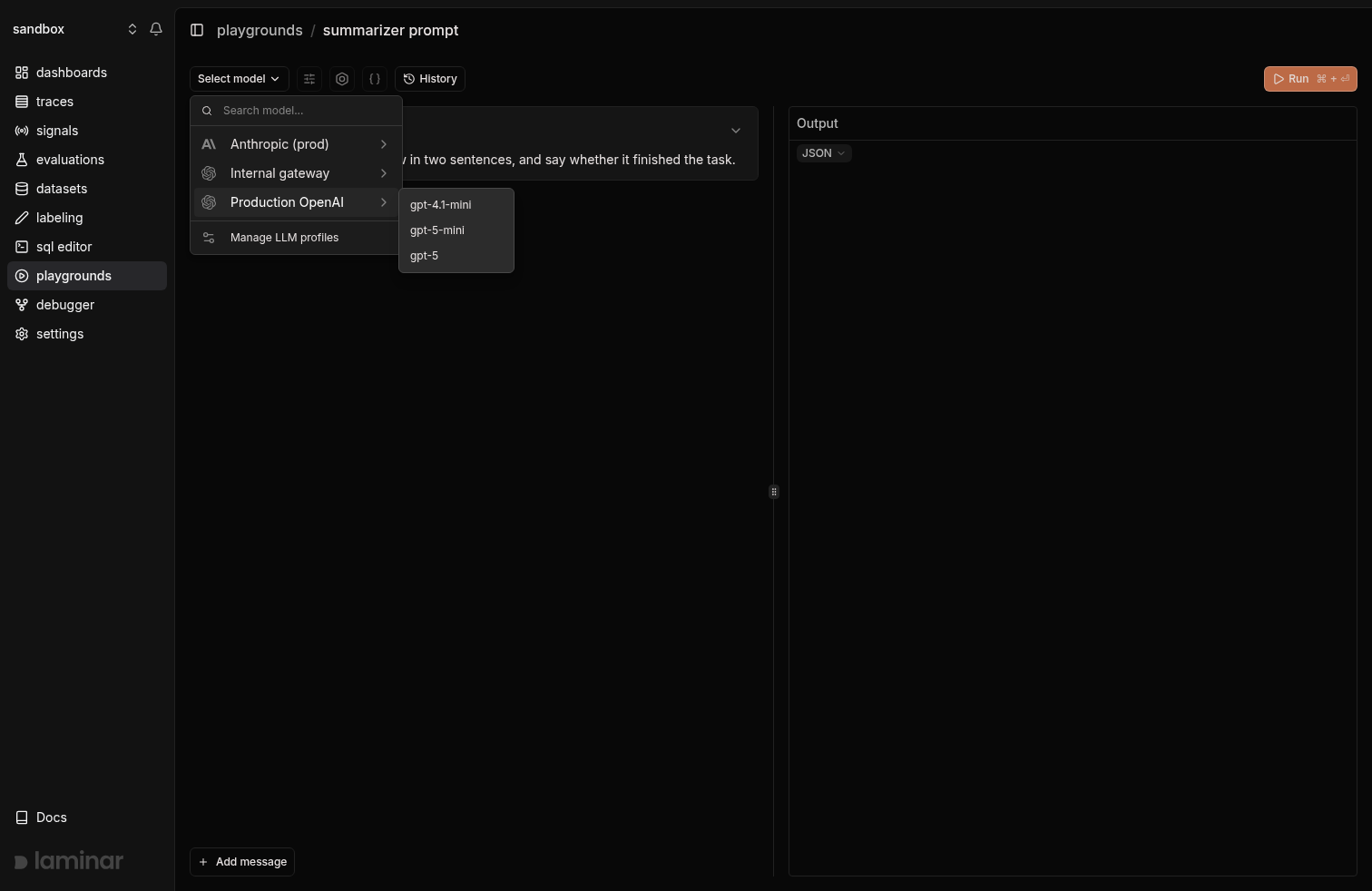 Playground model dropdown showing LLM profiles with their models in submenus