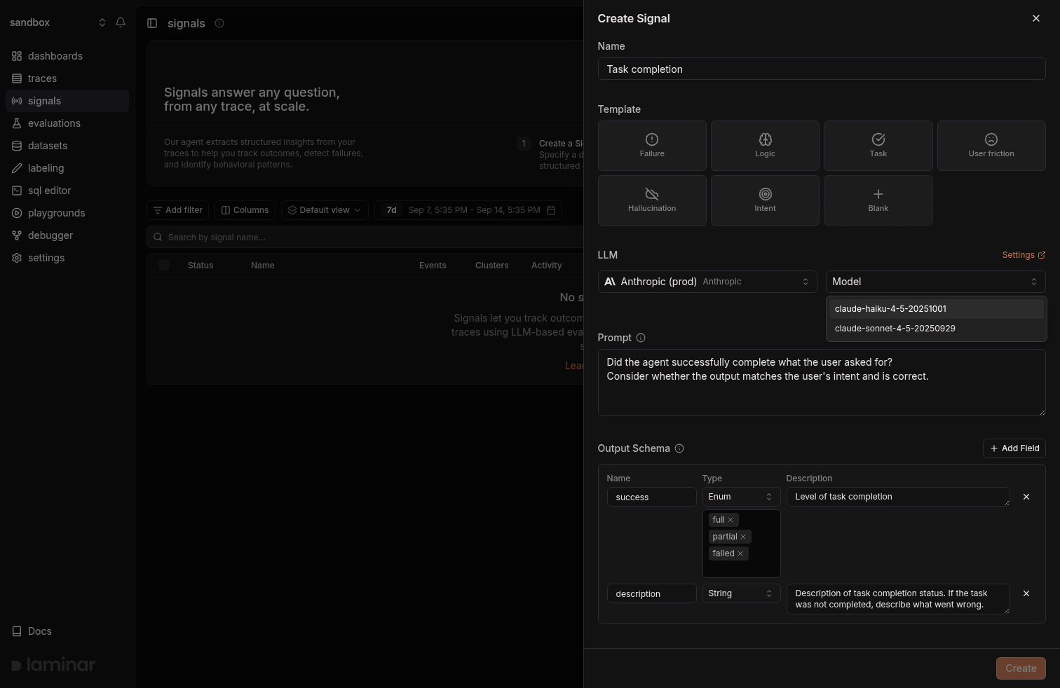 Signal creation drawer showing the LLM profile and model selects