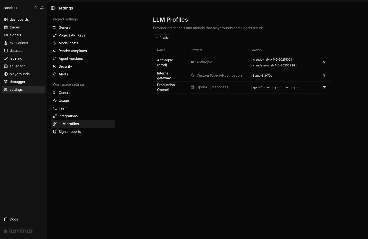 LLM profiles settings page listing an OpenAI, Anthropic, and custom gateway profile with their models
