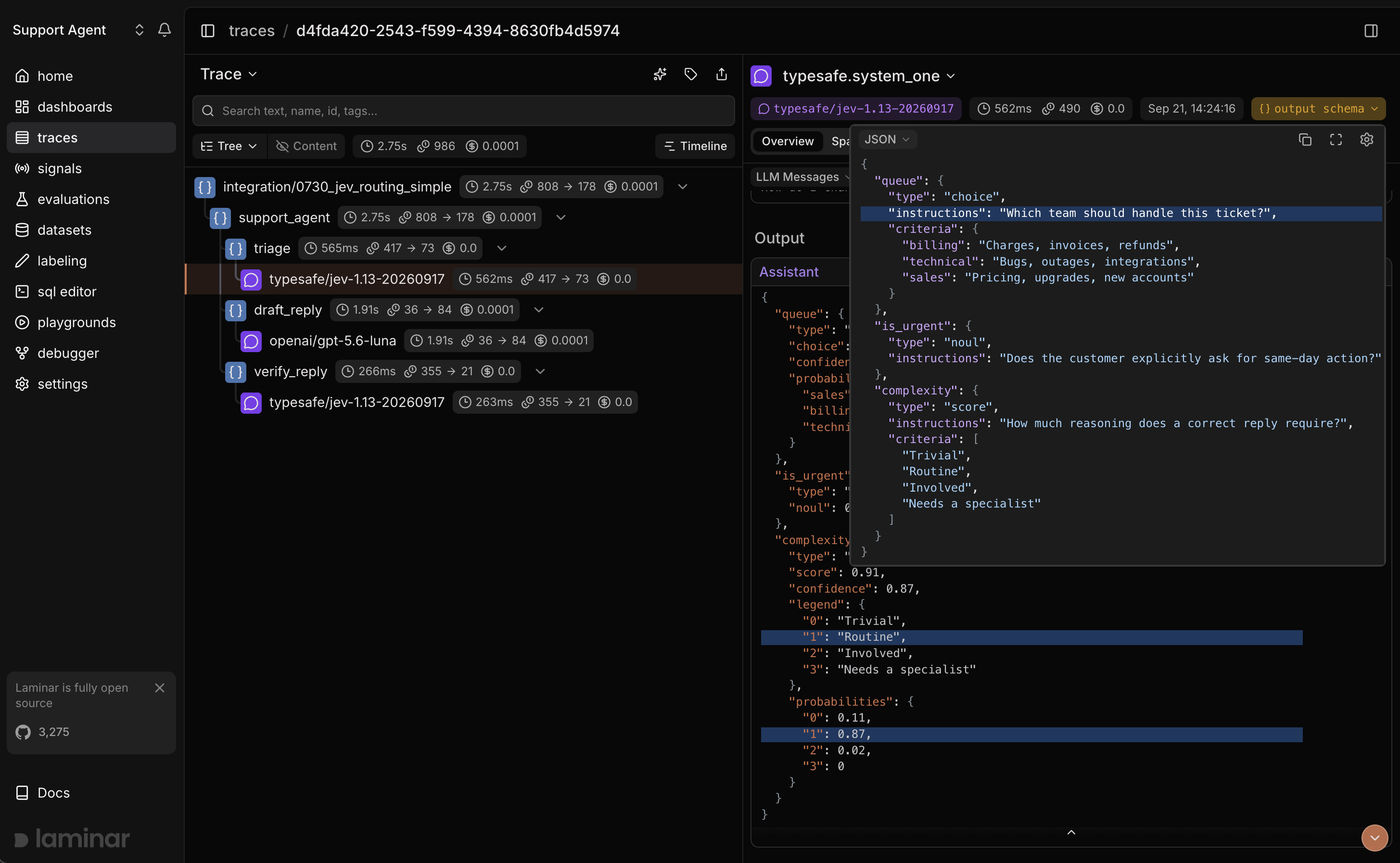 TypeSafe AI Jev trace in Laminar with typed answers on the system_one span