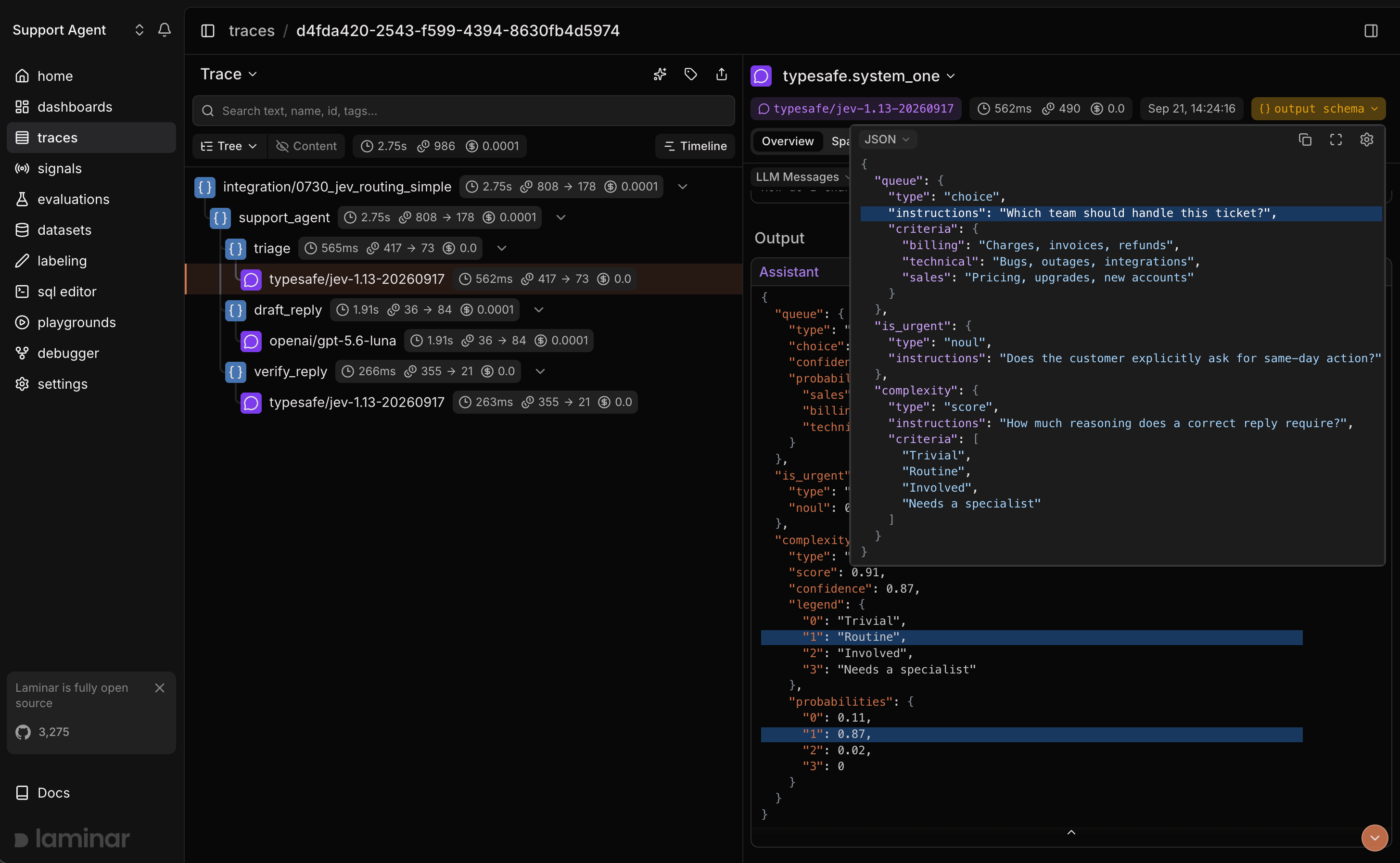 TypeSafe AI Jev trace in Laminar with typed answers on the system_one span