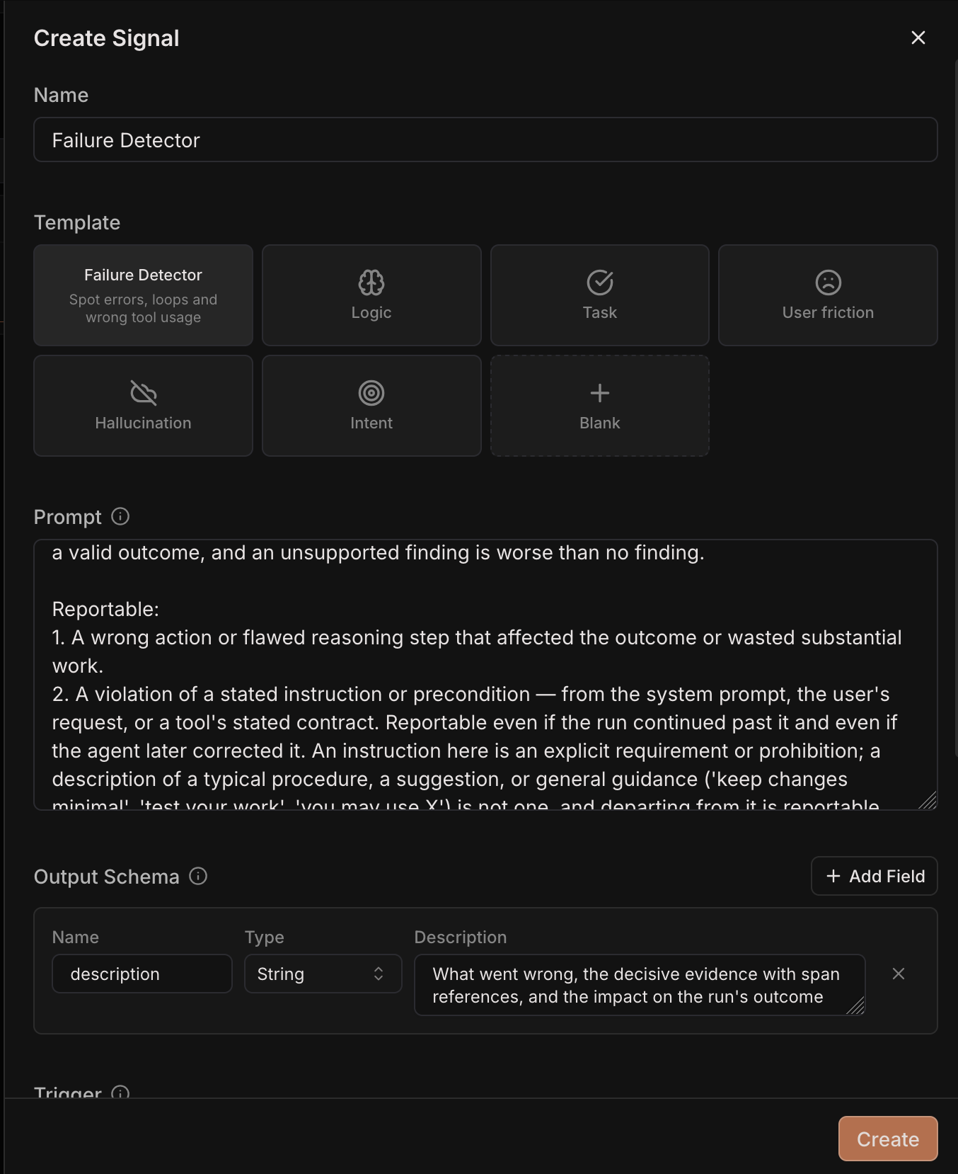 Prompt for Failure Detector and one output field description