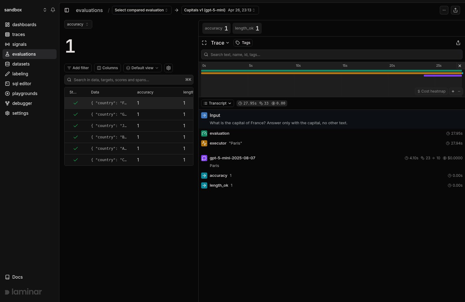 Evaluation run page with a datapoint table on the left and the selected datapoint's transcript on the right