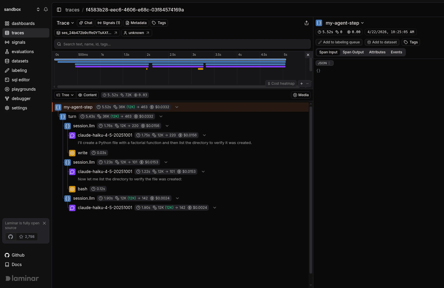 OpenCode SDK trace in Laminar, tree view