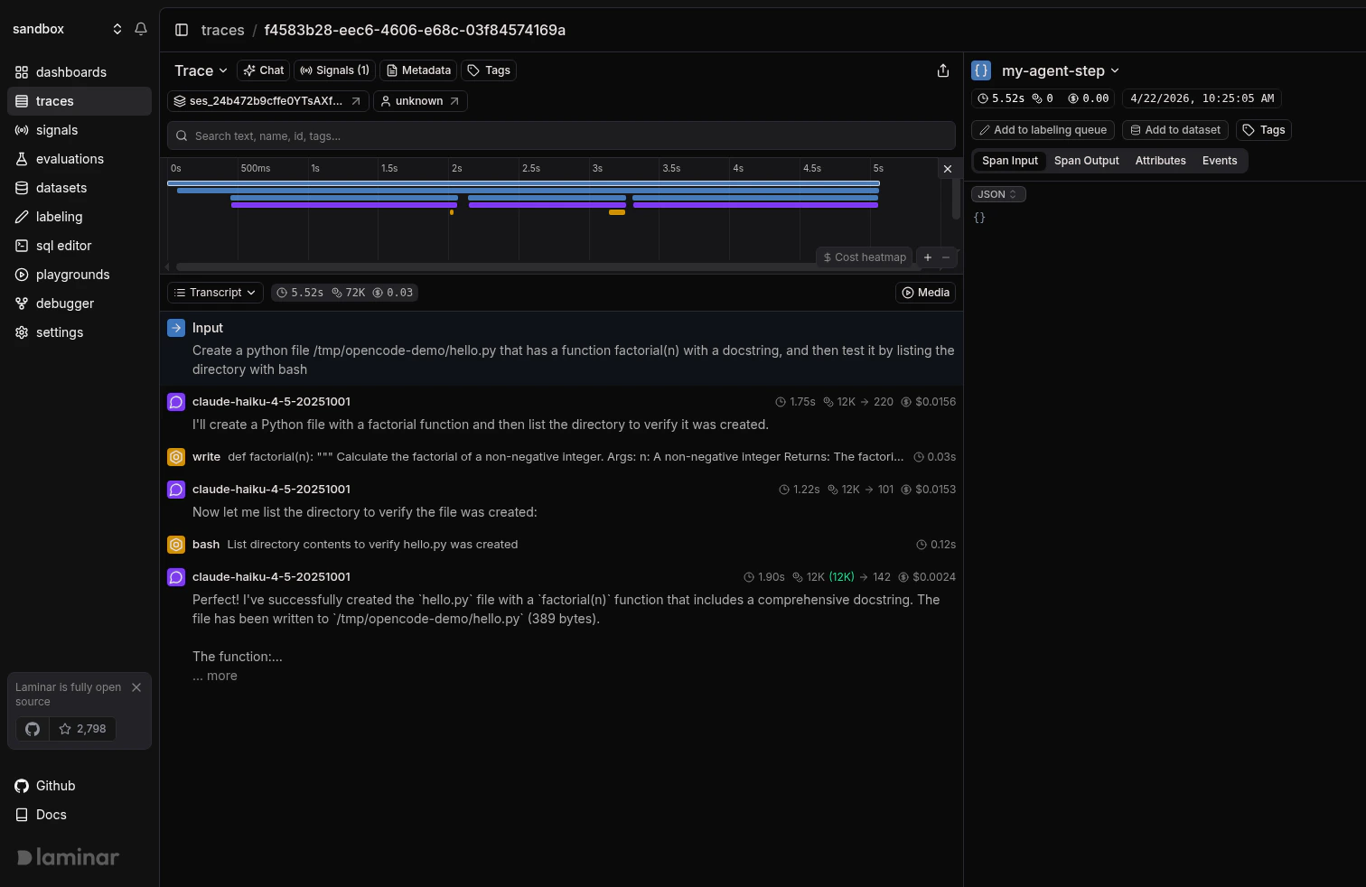 OpenCode SDK trace in Laminar, transcript view
