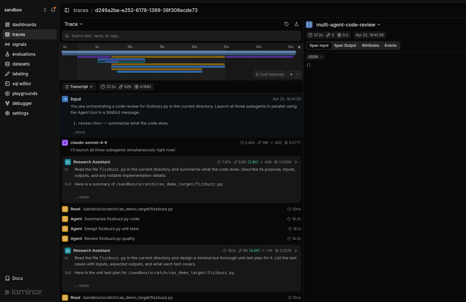 Claude Agent SDK multi-agent trace in Laminar