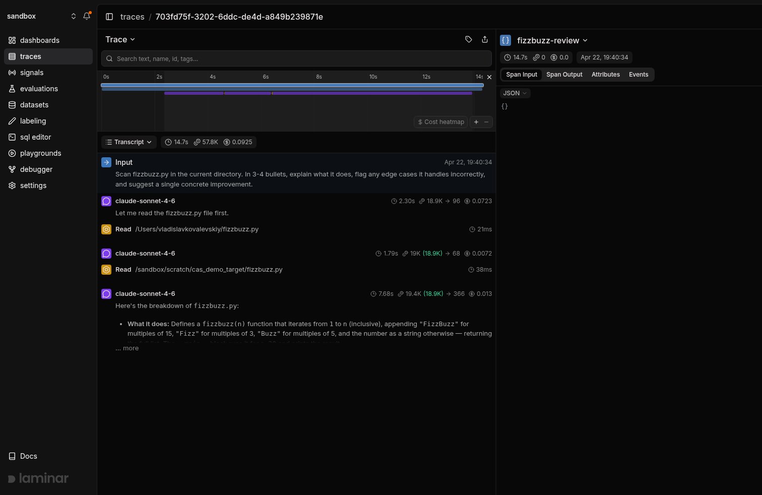 Claude Agent SDK trace in Laminar, transcript view