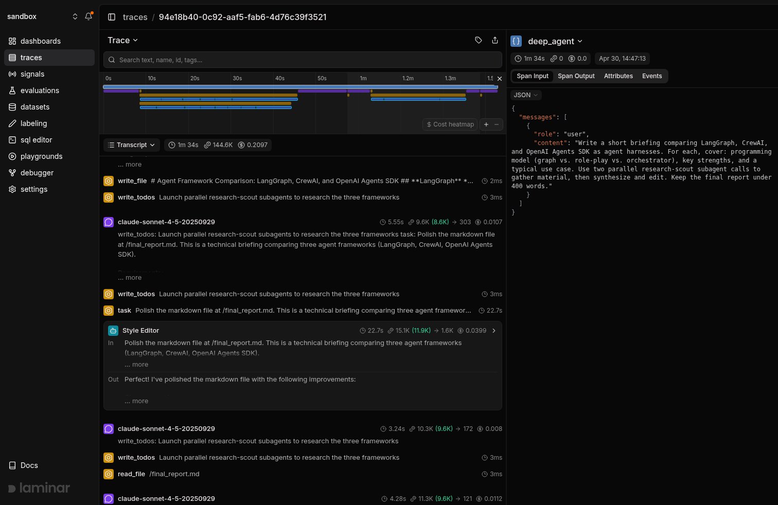deepagents trace with two parallel Framework Researcher subagent cards in transcript view