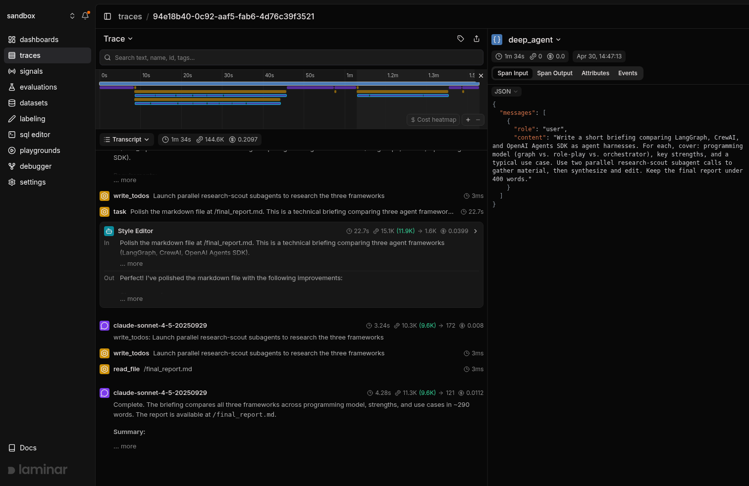 deepagents trace, Style Editor subagent card in transcript view