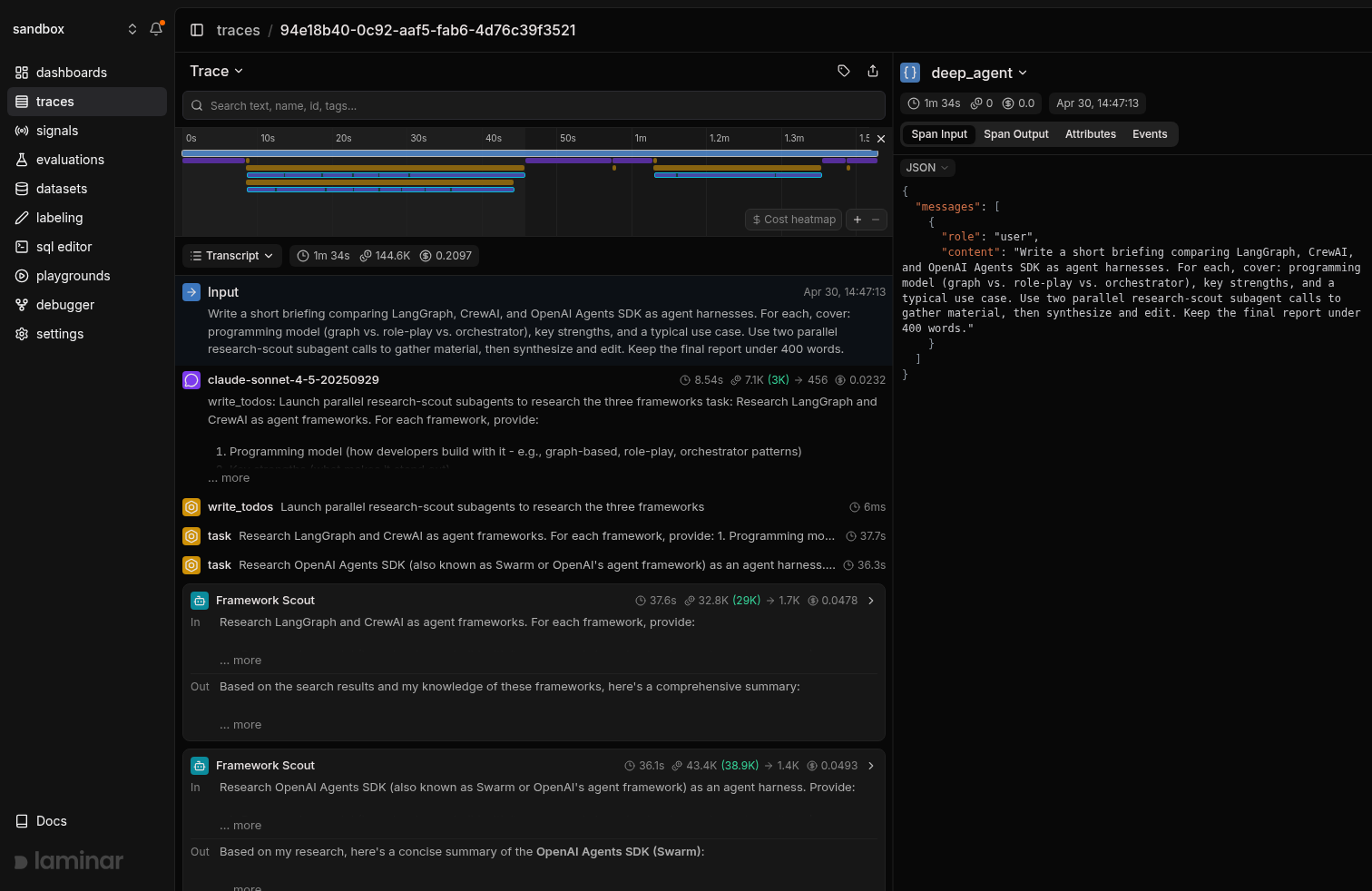 deepagents trace in Laminar, transcript view with a subagent card