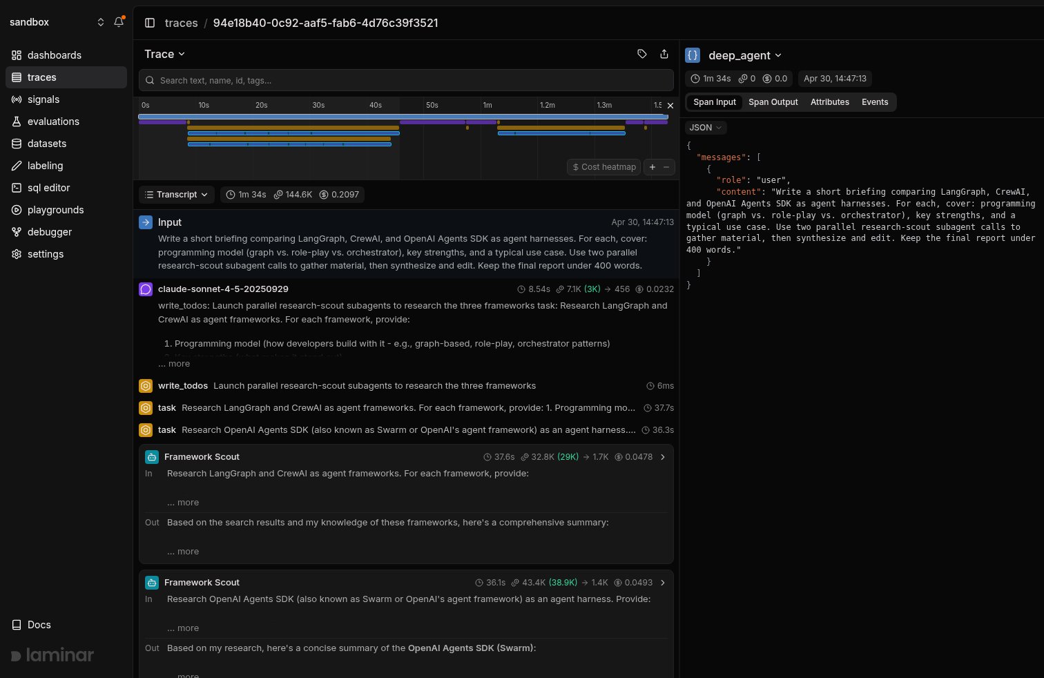 deepagents trace in Laminar, transcript view with a subagent card