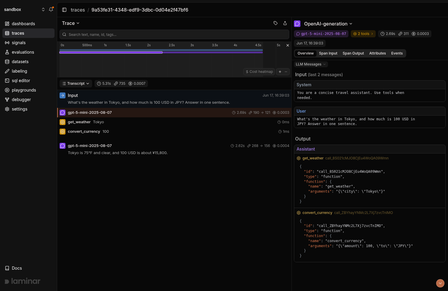 Langfuse-bridged agent trace in Laminar, transcript view with tool calls