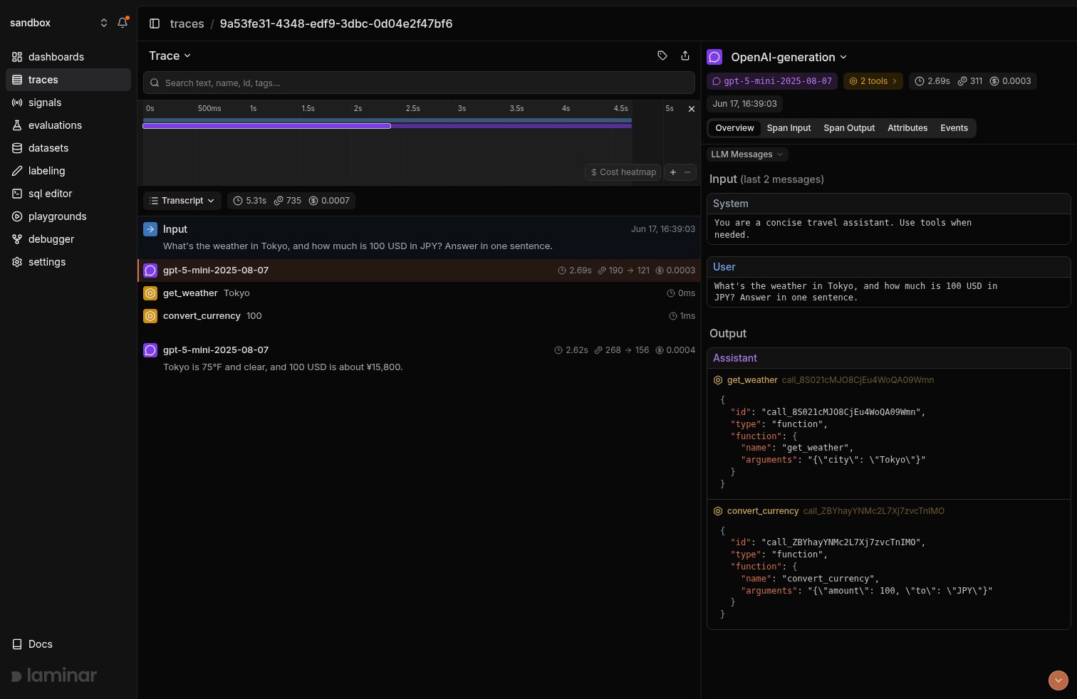 Langfuse-bridged agent trace in Laminar, transcript view with tool calls