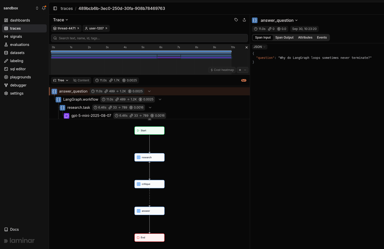 Example trace with LangGraph visualization and arrow indicating the location of the button to enable trace visualization
