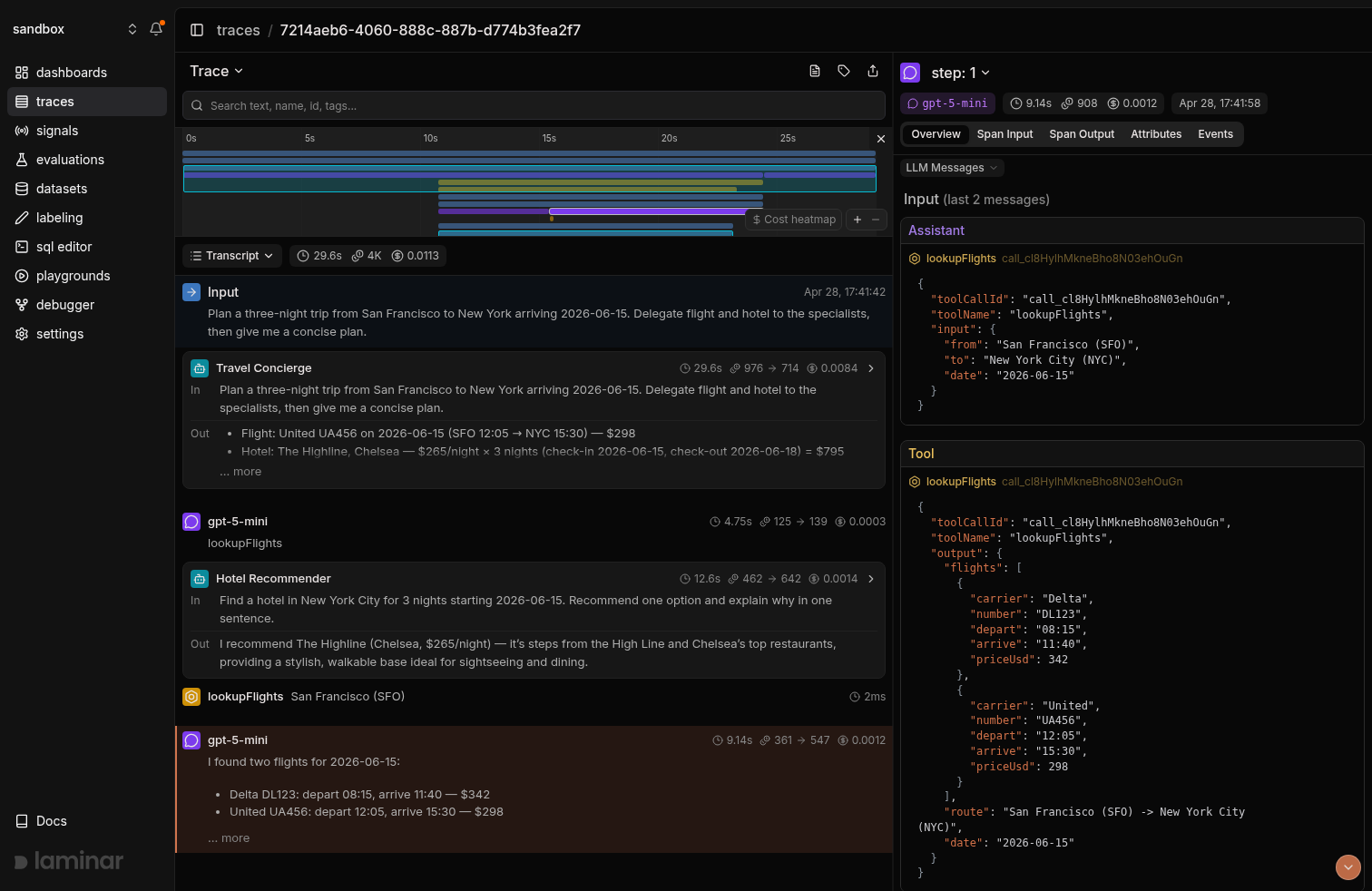 Mastra trace in Laminar, transcript view