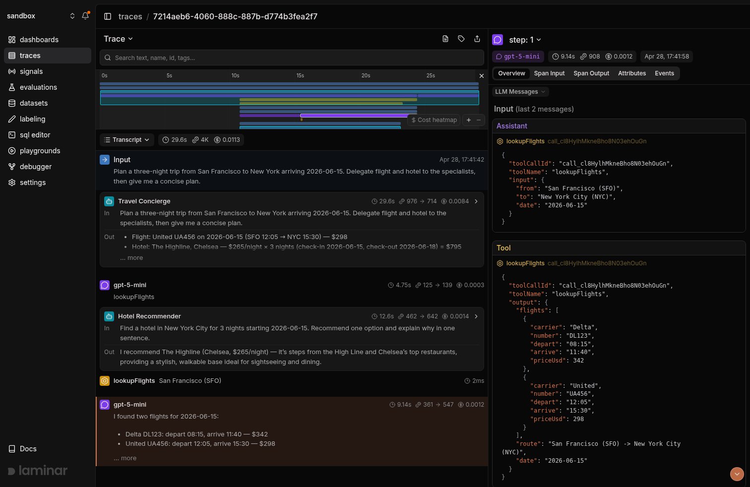 Mastra trace in Laminar, transcript view