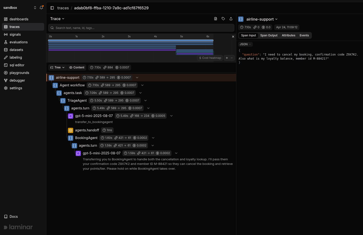 OpenAI Agents SDK multi-agent trace in Laminar, tree view