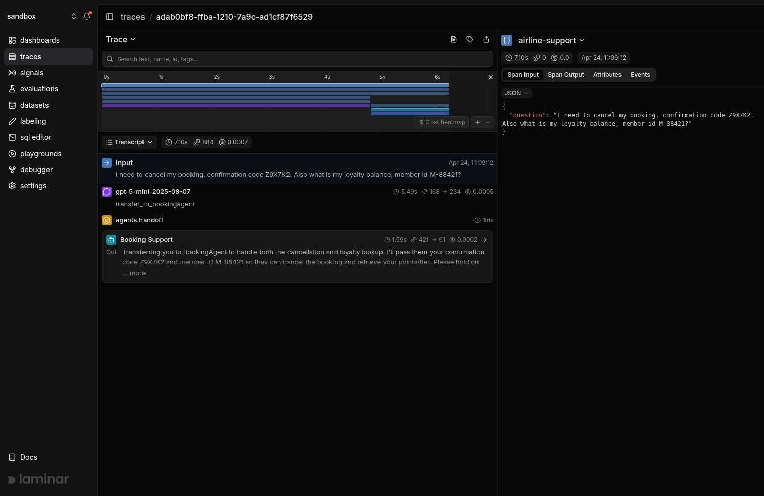 OpenAI Agents SDK multi-agent trace in Laminar, transcript view