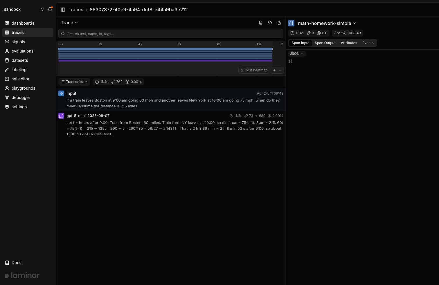 OpenAI Agents SDK trace in Laminar, transcript view