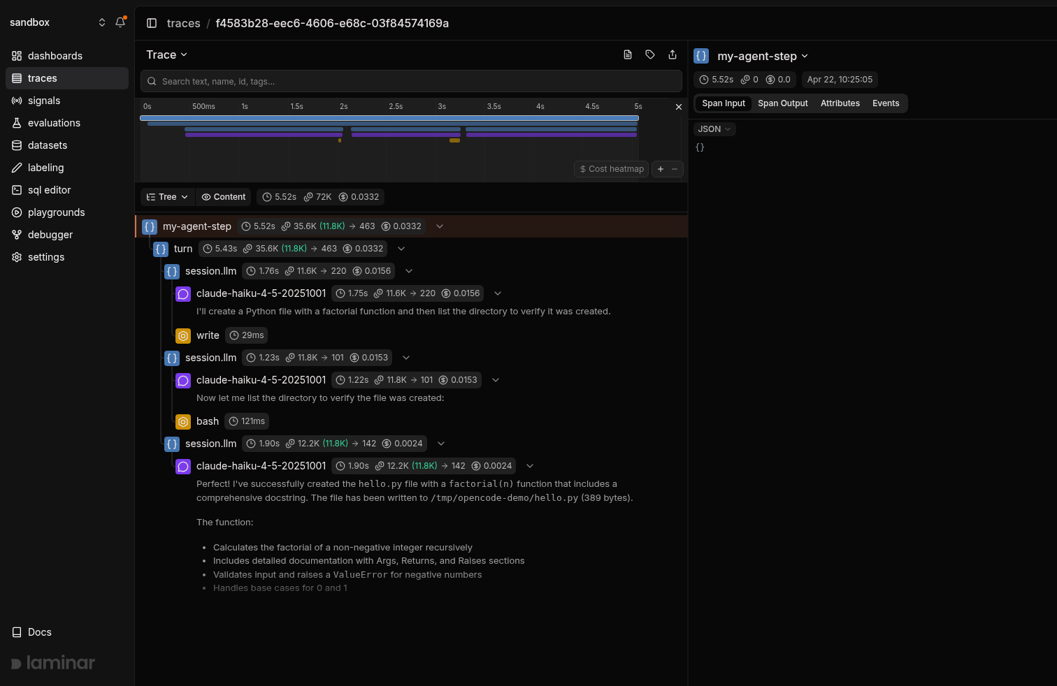 OpenCode SDK trace in Laminar, tree view