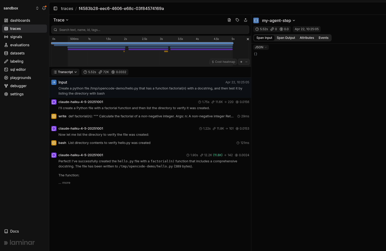 OpenCode SDK trace in Laminar, transcript view