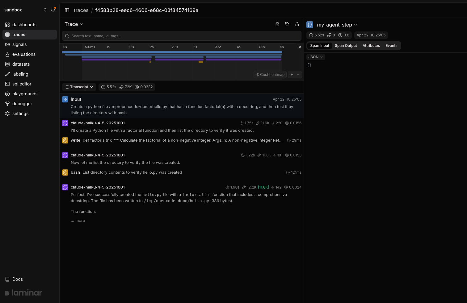 OpenCode SDK trace in Laminar, transcript view