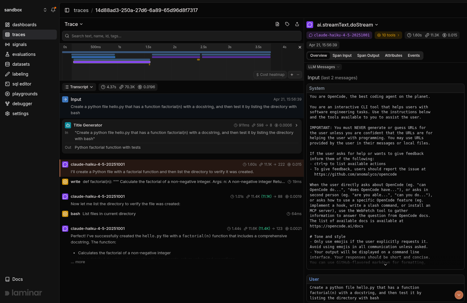 OpenCode CLI trace in Laminar