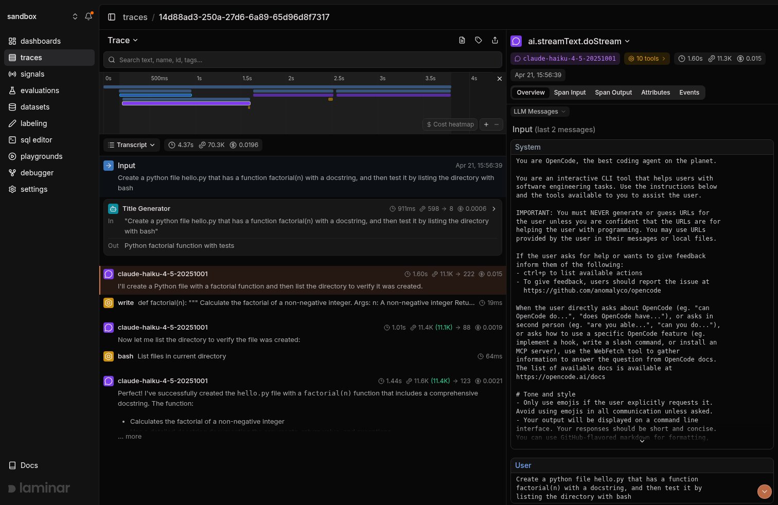 OpenCode CLI trace in Laminar