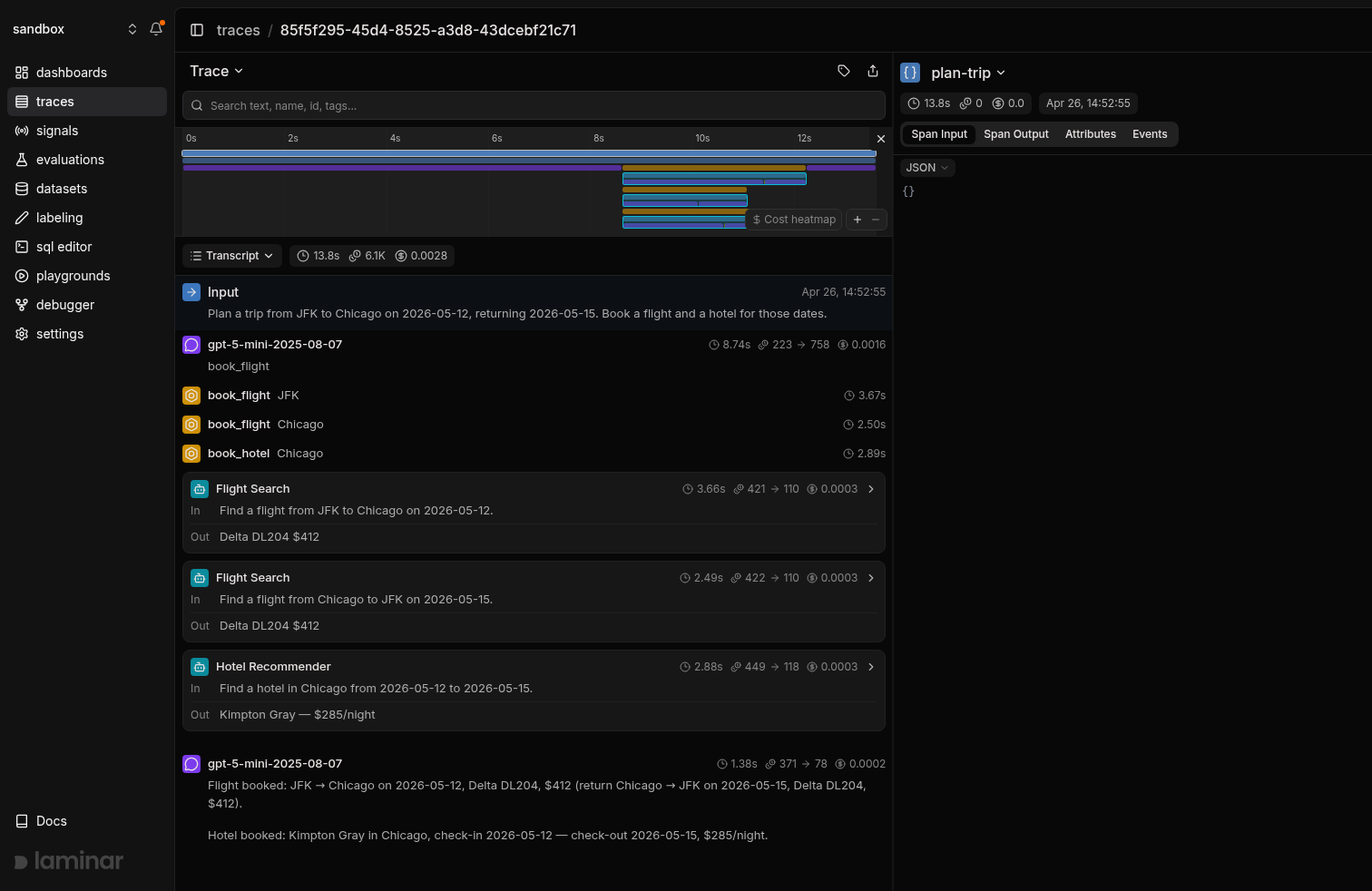Pydantic AI multi-agent trace in Laminar, transcript view