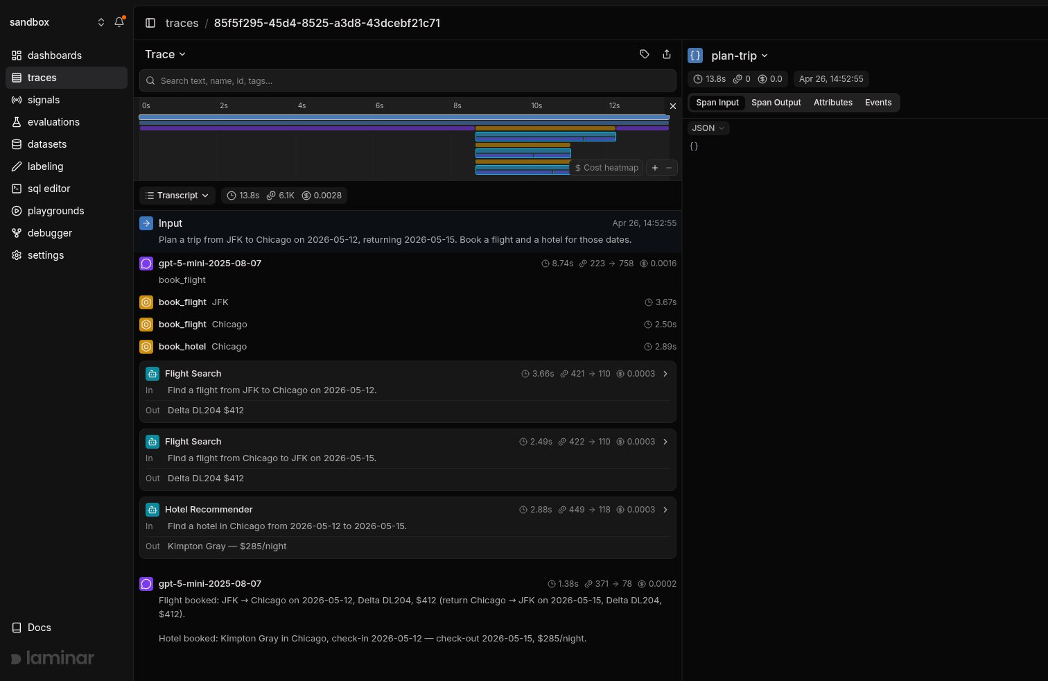 Pydantic AI multi-agent trace in Laminar, transcript view
