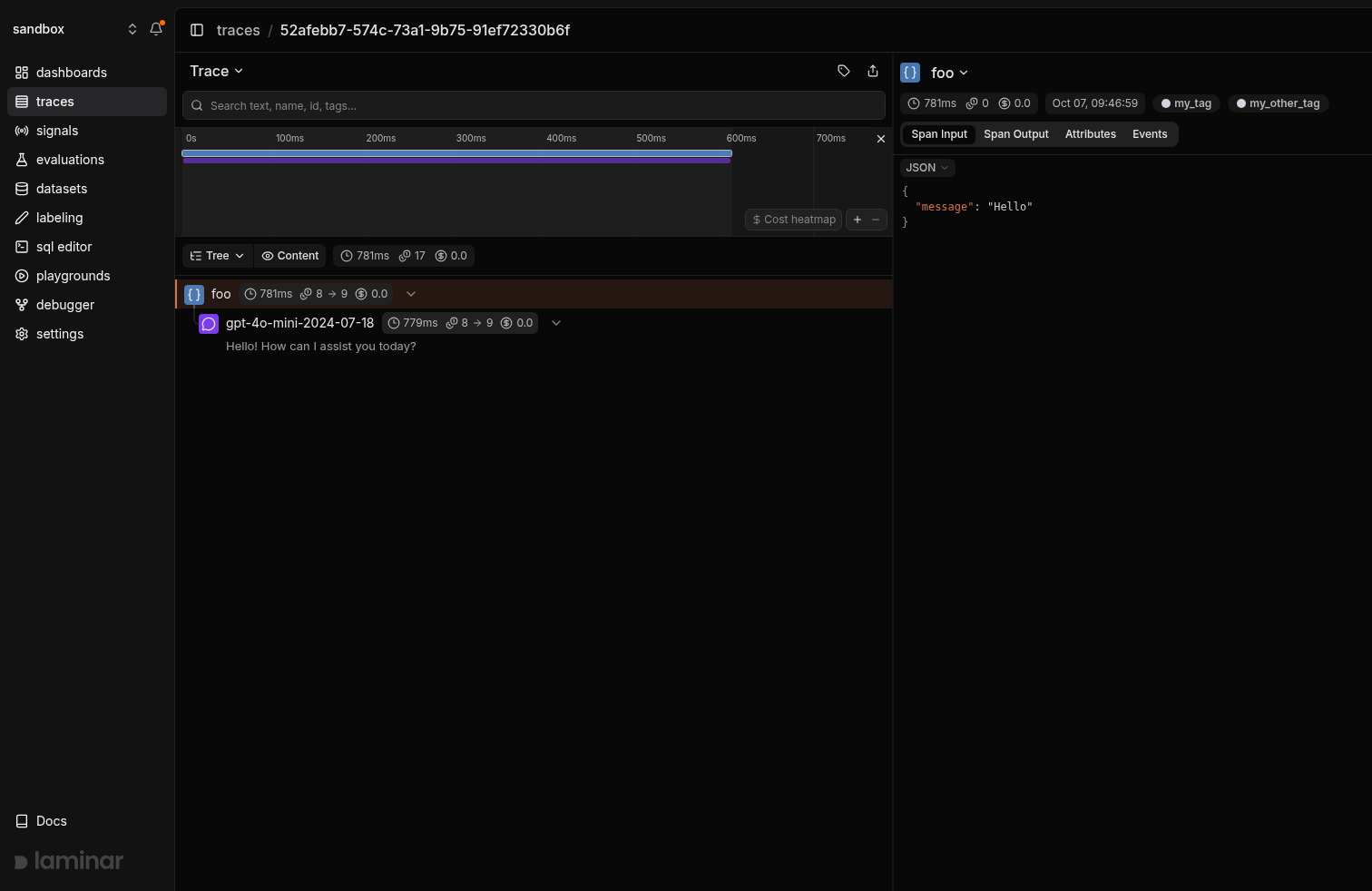 Span tags displayed as shields in the Laminar UI