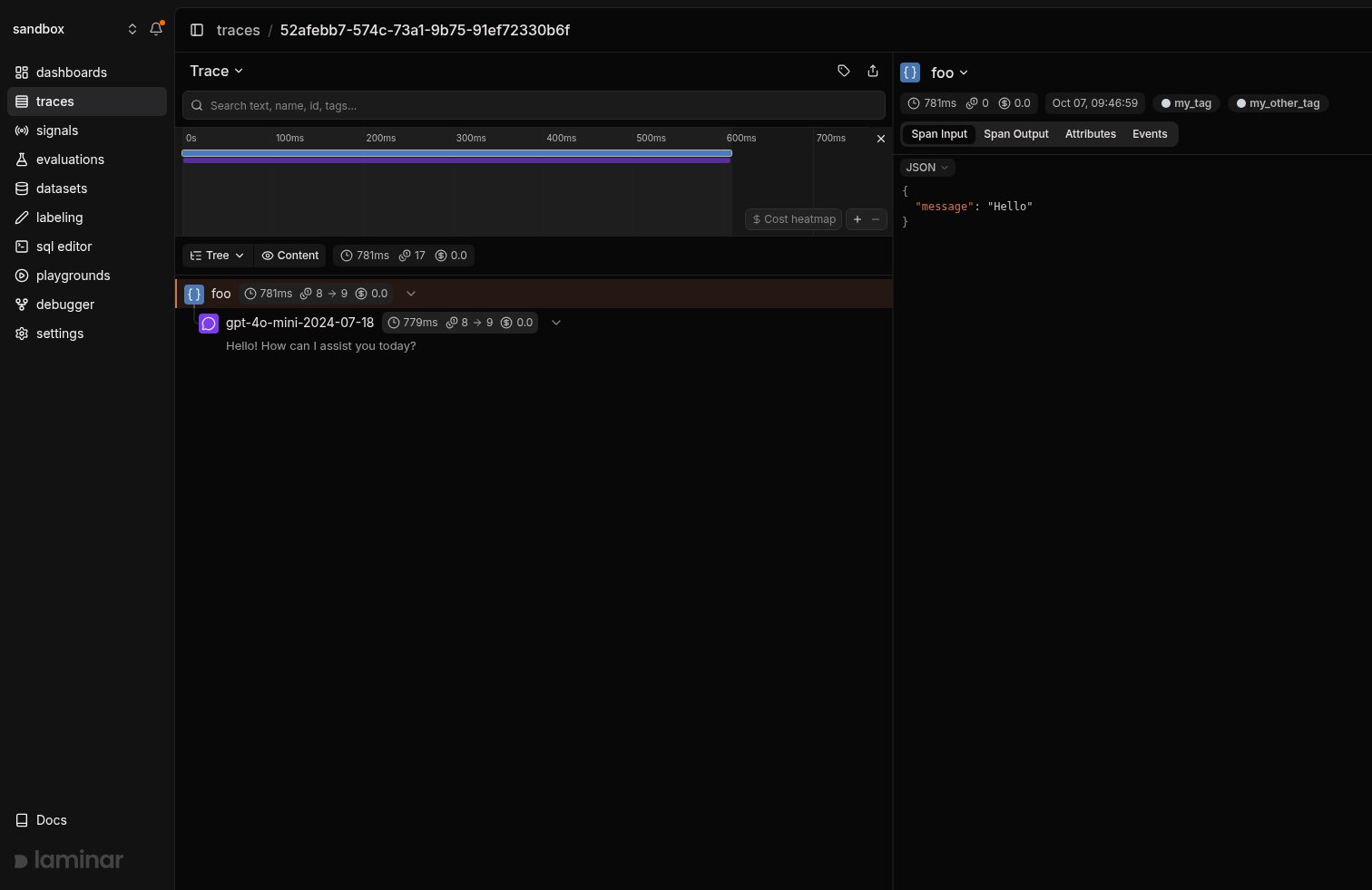 Span tags displayed as shields in the Laminar UI