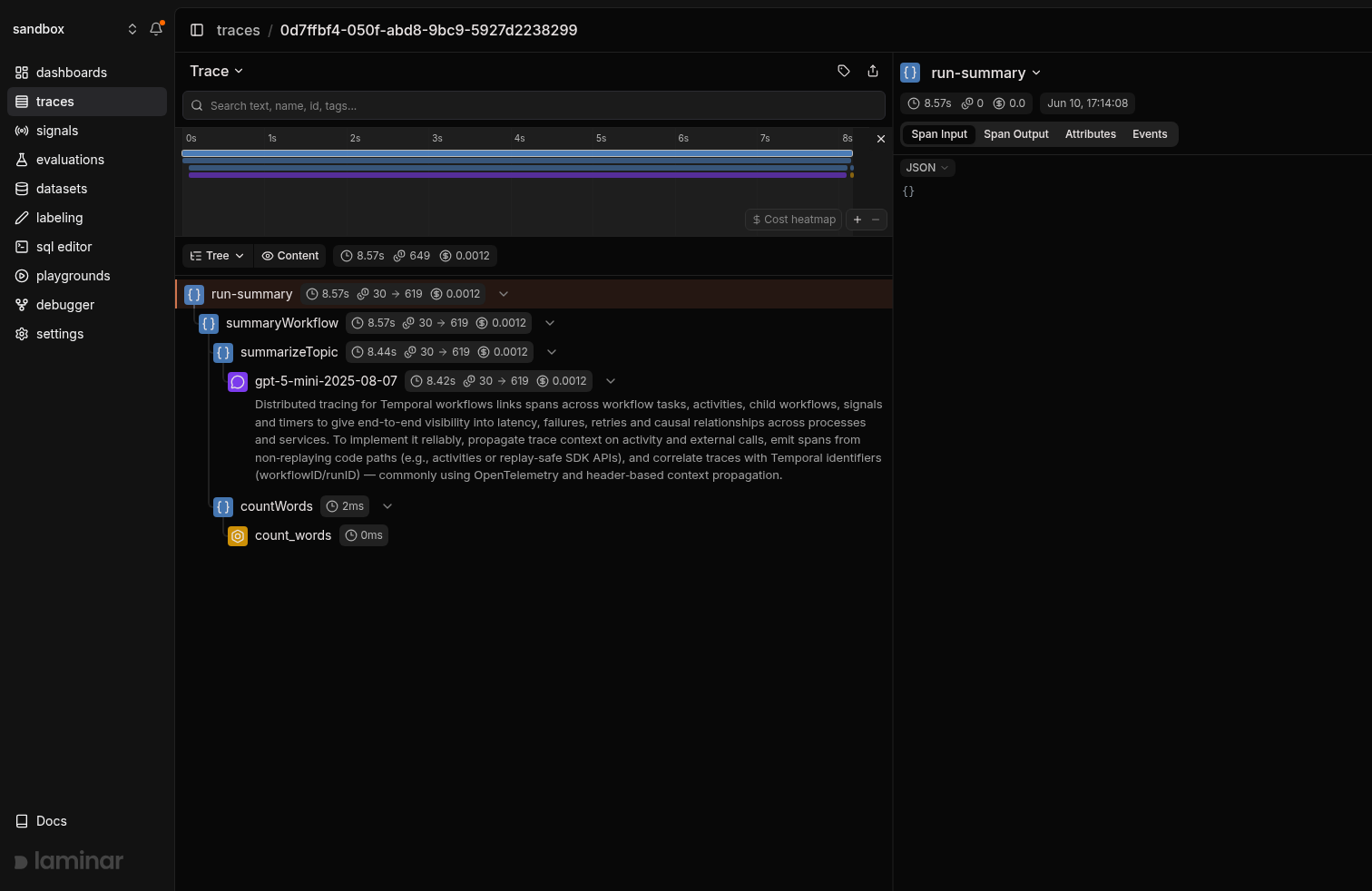 Temporal workflow trace in Laminar, tree view showing cross-process span nesting