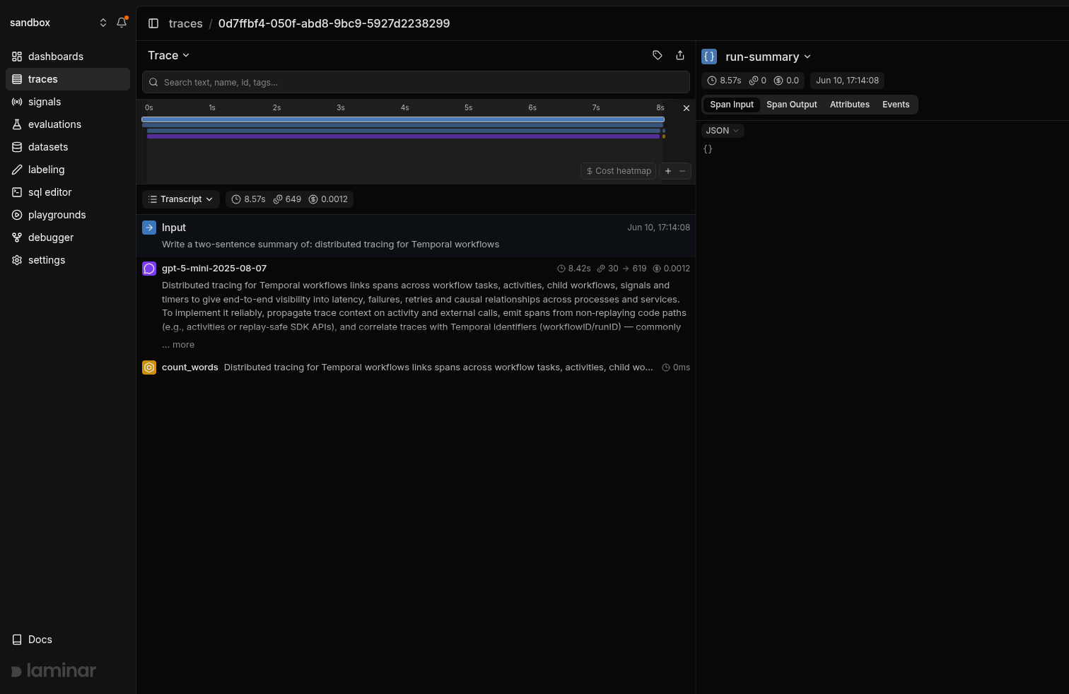 Temporal workflow trace in Laminar, transcript view