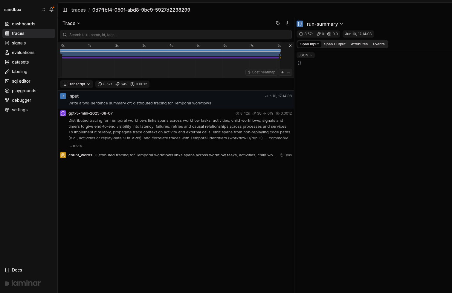 Temporal workflow trace in Laminar, transcript view