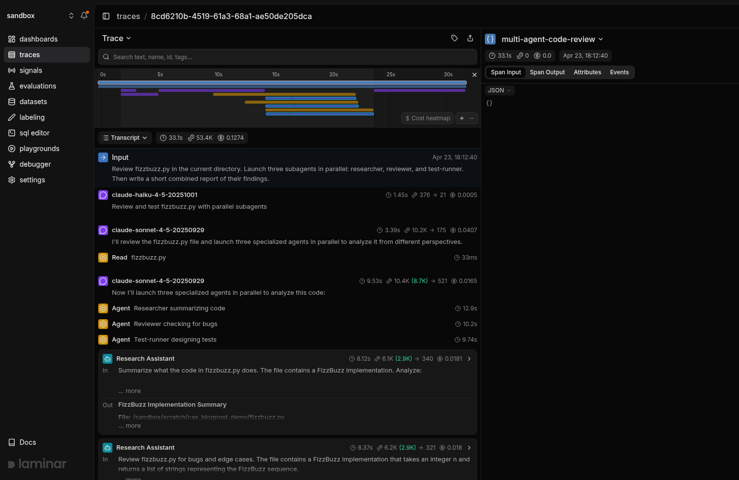 Multi-agent trace in transcript view