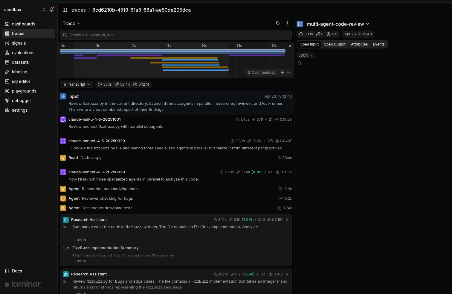 Multi-agent trace in transcript view