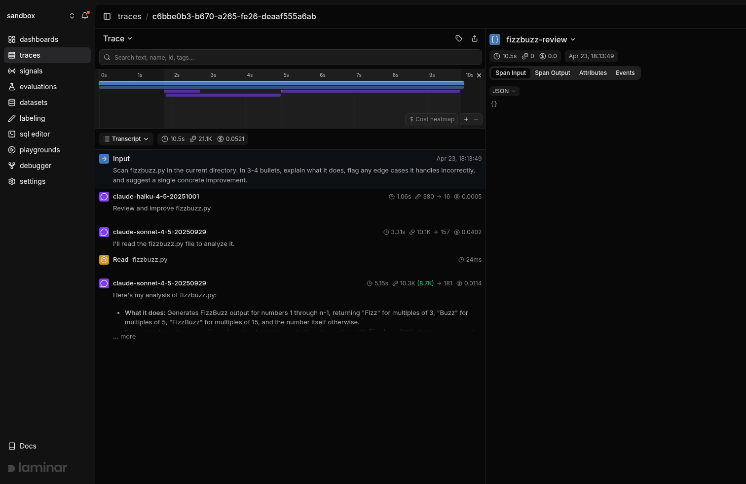 Single-agent trace in transcript view