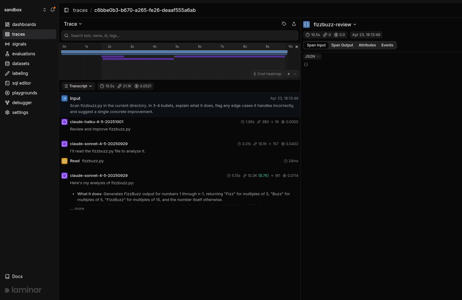 Single-agent trace in transcript view