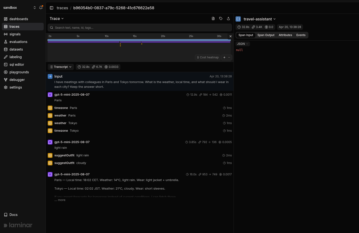 Vercel AI SDK trace in Laminar