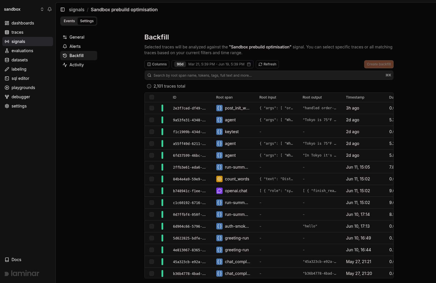 Backfill page with trace selection, filters, and trace table