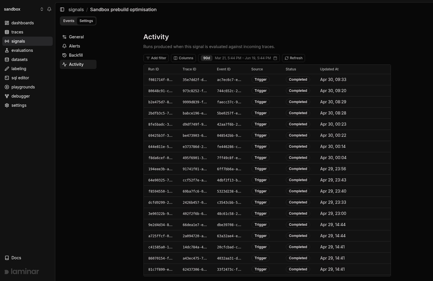 Signal activity table listing runs with run id, trace id, event id, source, and status