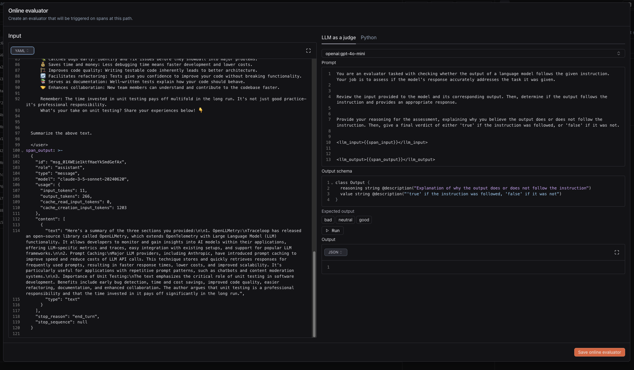 Online eval creation