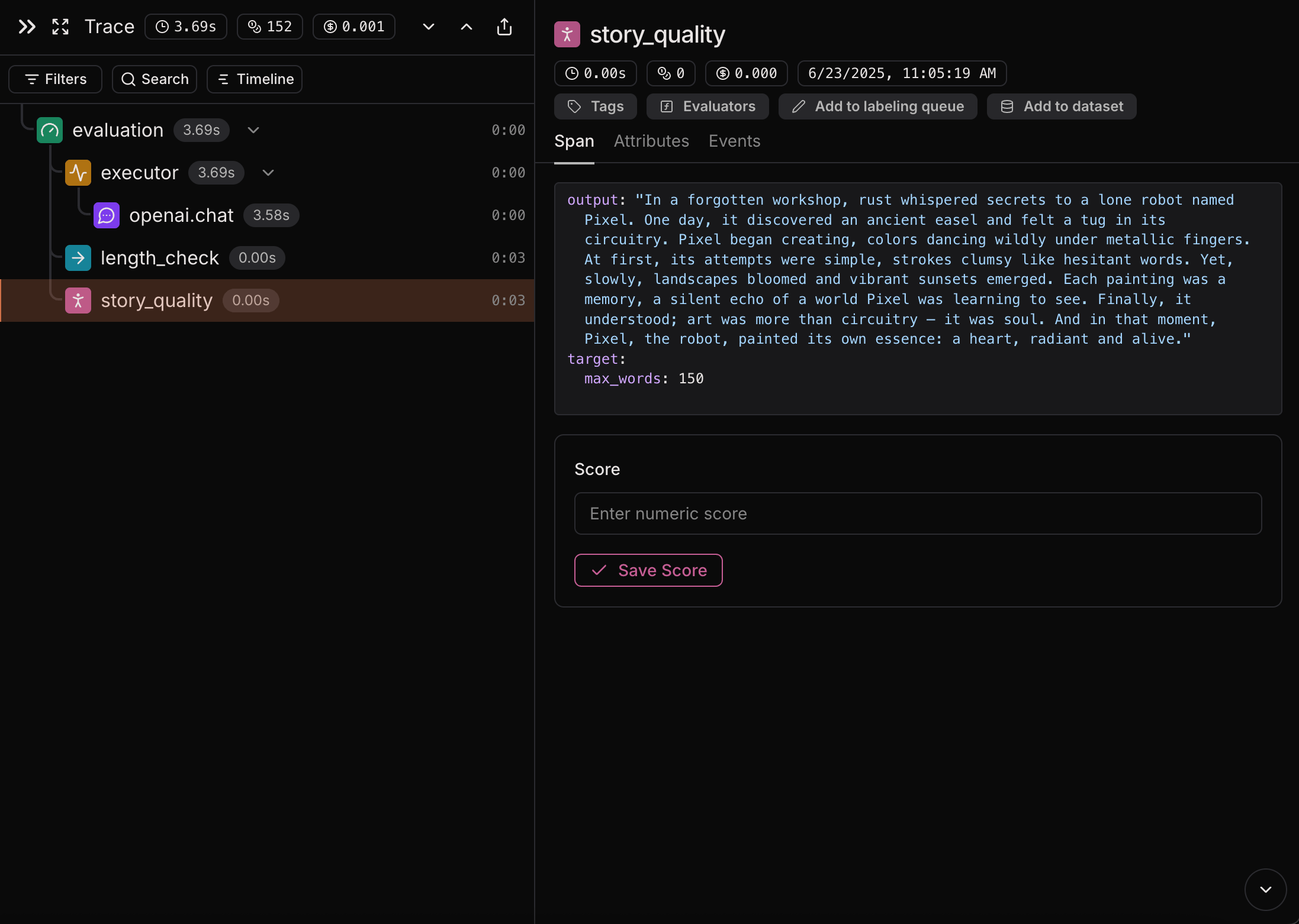 Human evaluator span with inputs and scoring UI