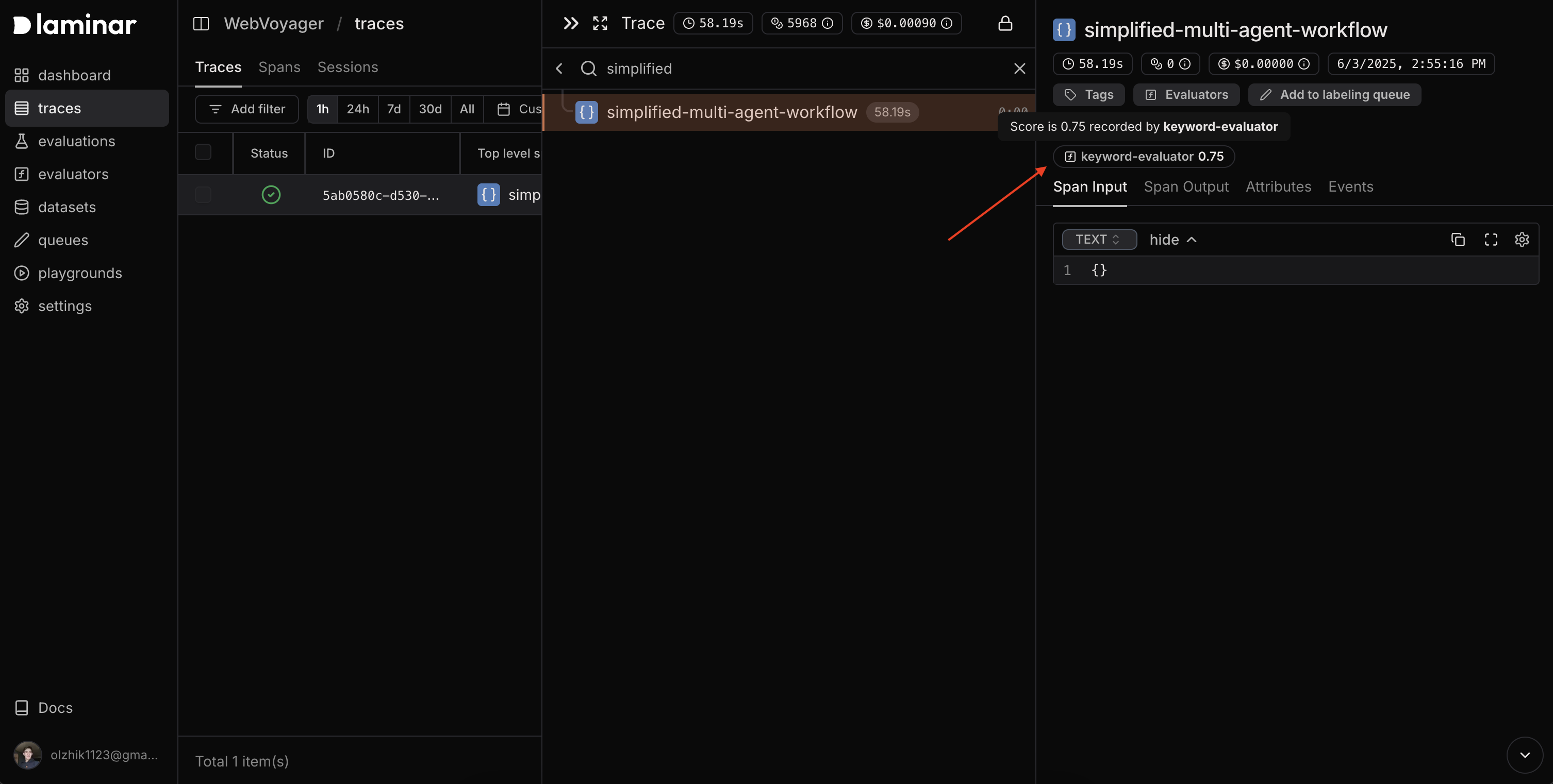 Verify execution - evaluator scores displayed in span
