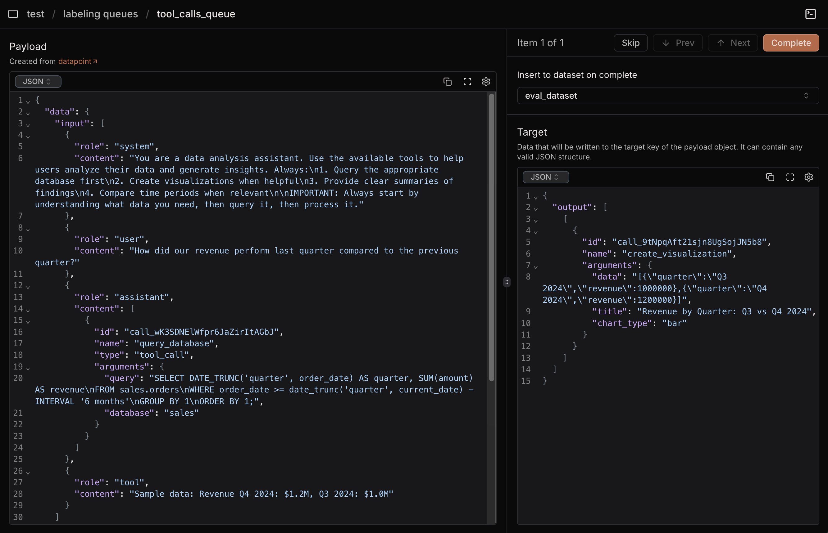 Split-screen labeling interface showing payload and target editor
